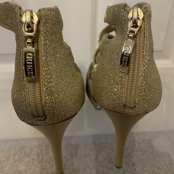 GUESS Gold Glitter Stiletto Heels Strappy 9.5 HAYLI Prom Party Ballroom Dance - Picture 4 of 9